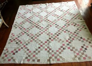 Antique / Vintage Hand Sewn Calico Quilt Textile 8 X 6 - Cream With Pink,  Brown