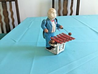 Antique Occupied Japan Tin & Celluloid Man Playing Xylophone Wind Up Toy -