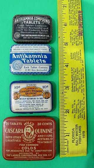 4 Vintage Medicine Tins,  2 Antikamnia Tablets Laymons & Hills Cascara Quinine