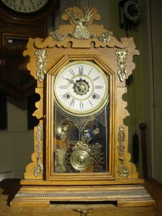 Antique Rare Waterbury Metal Staghead 1903 " Stanton " Oak Parlor Clock