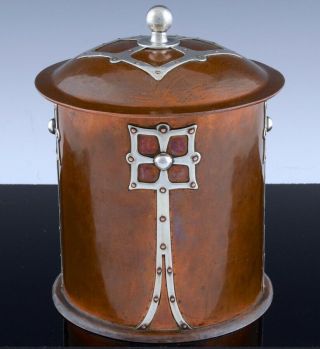 Great C1900 Arts & Crafts Copper Sterling Mixed Metals Tea Caddy Humidor Jar