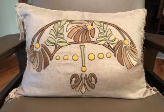 Classic Antique Arts Crafts Mission Style Stickley Era Embroidered Linen Pillow