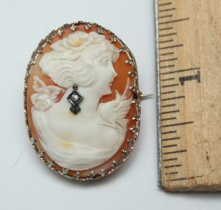 Antique 14kt White Gold & Diamond,  Carved Cameo Woman & Bird Brooch & Pendant