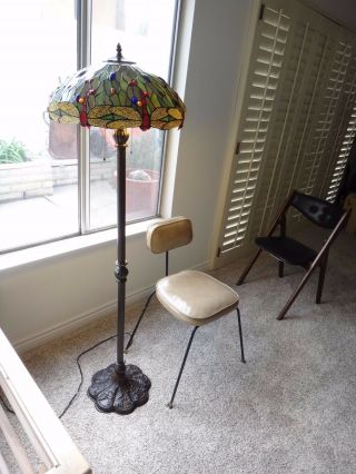 Tiffany - Style GREEN Dragonfly floor lamp stained glass brass 61 