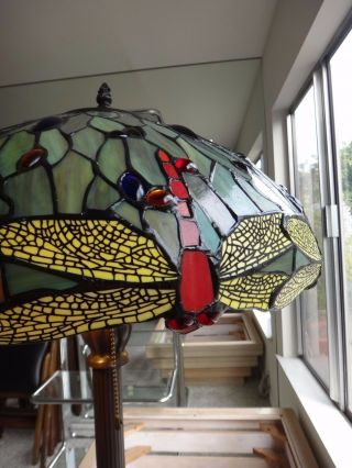 Tiffany - Style GREEN Dragonfly floor lamp stained glass brass 61 