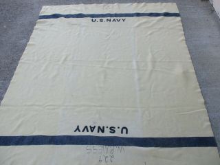 U.  S.  Navy Wwii White Wool Blanket With Two Blue Stripes
