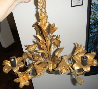 Antique 1920s Art Nouveau Ceiling Pendant Lamp Ormolu Gilt Bronze Lily 3 Arms