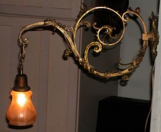 Antique Figural Gothic Scrollwork Brass Wall Sconce Etched Glass Shade 20 X 20 "