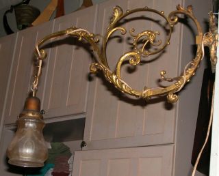 Antique Figural Gothic Scrollwork Brass Wall Sconce Etched Glass Shade 20 x 20 