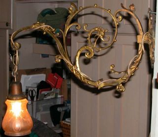 Antique Figural Gothic Scrollwork Brass Wall Sconce Etched Glass Shade 20 x 20 