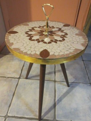 Vintage Mid Century Modern Retro Brass Wood Tile Tri Pod Table Handle Tan Brown