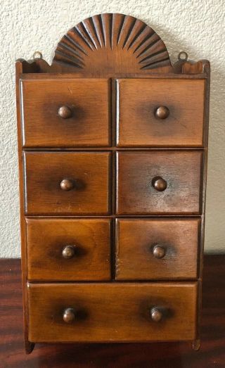 Vintage Solid Wood Apothecary Spice 7 Drawer Wall Cabinet Box Sun Ray Crest