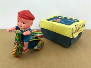 Vintage 1950 ' RARE BLUE ' Ringing Tricycle ',  box Made in CHINA Shanghai,  tin toy 5