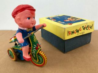Vintage 1950 ' RARE BLUE ' Ringing Tricycle ',  box Made in CHINA Shanghai,  tin toy 7