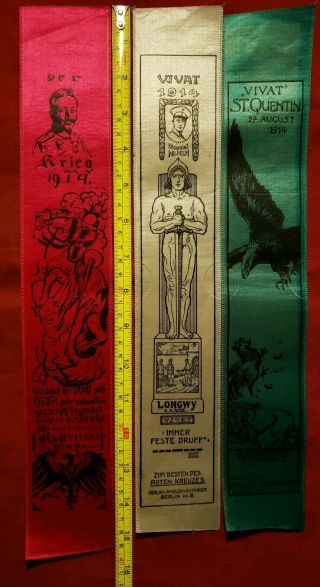 VINTAGE WW1 GERMAN VIVAT SILK RIBBONS 1914 ST.  QUENTIN LONGWY GRIEG AS PICTURED 12