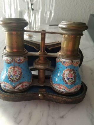 Blue Antique French Opera Glasses Enamel Painted Flowers Pink Buttons Case