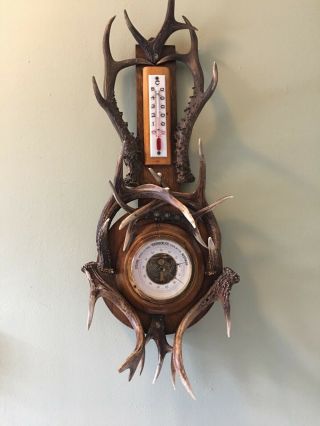 Antique Adirondack Lodge - Style German Barometer With Roe Deer Antlers