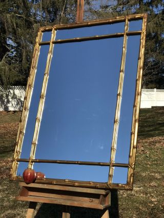 Mid Century Faux Bamboo Gold Gilt Mirror Hollywood Regency Large Vintage