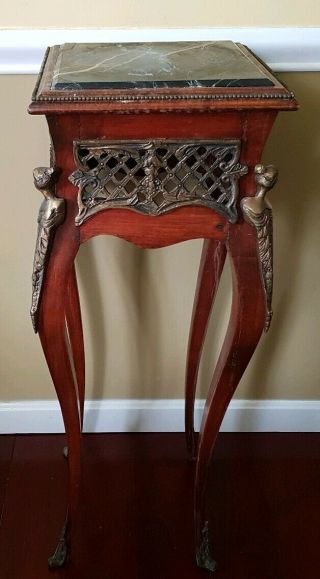 Antique Art Nouveau Marble Top Stand With Bronze Ladies