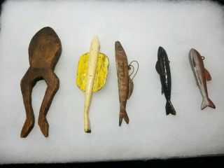 5 Hand Carved Ice Fishing Decoys Vintage Spearing Decoy Fish Lure Orig Paint 2