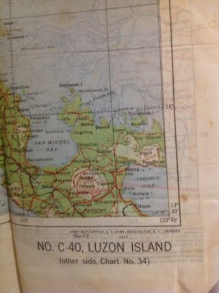 2 Sides WWII 1944 AAF Cloth Escape Map Phillippine Series C - 40 Luzon Chart No.  34 3