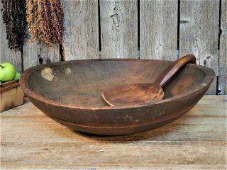 Early Antique Wooden Dough Bowl W/ Rim & Scoop Farmhouse 14 " Aafa
