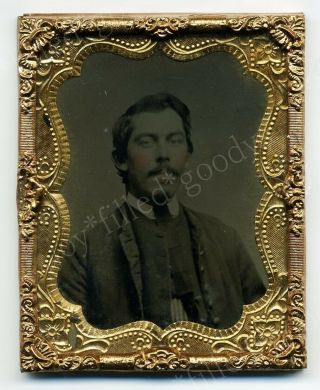 1860s Confederate Or Union Soldier In Shell Jacket & Vest Civil War Tintype