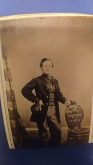 Cdv Civil War Bugler Philadelphia B/m Standing Pose With Cap,  Emblem,  & Flag
