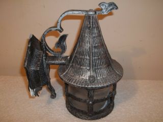 Vtg Tudor Black Metal Gothic Witches Hat Wall Sconce Porch Outdoor Light Fixture 5