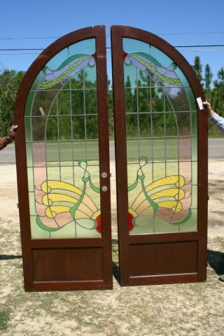 Pair Antique Arched Art Deco Stained Glass Doors Yellow Green H 90 " X W 32 " Exc