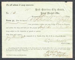 Civil War Provost Marshal Pass 1862/by Brig Gen A Porter/signed C D Mehaffey