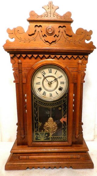 Beautifully Carved Haven Walnut Parlor Clock With Color Glass Tablet - - 1875
