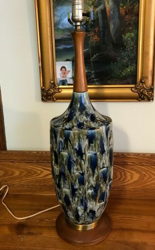 Mid Century Modern Blue Green Drip Glaze Ceramic And Teak Danish Lamp