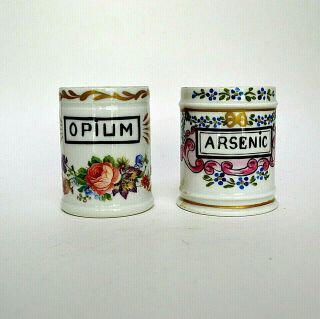 2 Hand Painted Porcelain Apothecary Jars Arsenic Cocaine Poison Signed No Lids