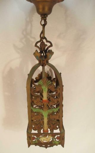 1920s Gothic Polychrome Hanging Ceiling Light Fixture Mission Medieval Art Deco
