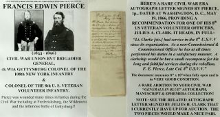 Civil War General Wia Gettysburg Colonel 108th York Signed Document 8th Usvv