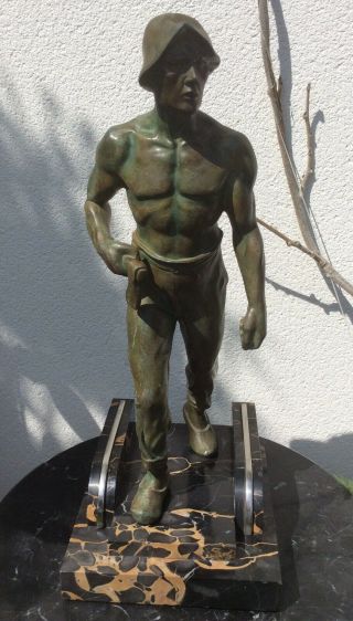 Franz Iffland Art Deco Spelter Figure Of Miner With Axe Marble And Chrome Base