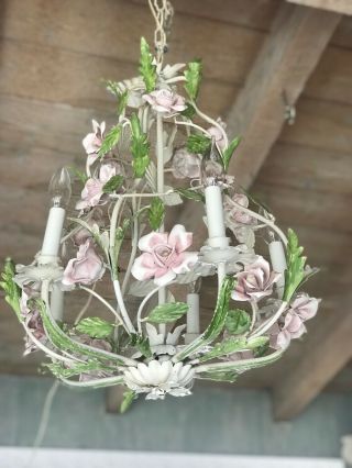 Vintage Tole Porcelain Roses Chandelier - Shabby Chic - Cottage Chic