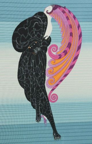 Vintage Erte " Beauty Of The Beast " Framed Silk Scarf Signed Art Deco Art Nouveau