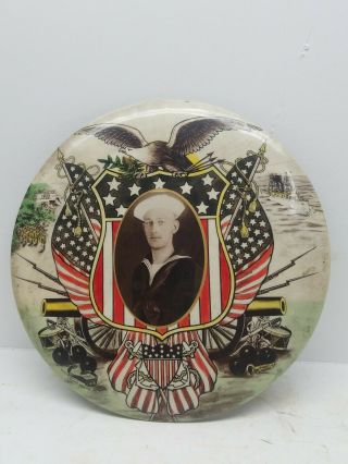 Antique Celluloid Ww1 Memorial Photo Button Military Cruver Mfg Chicago 9 " Usa