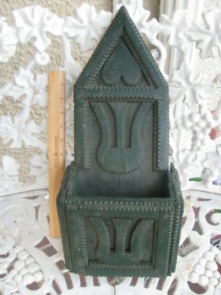 Antique Folk Tramp Art Chip Carved Wooden Wall Pocket Primitive Old Green Paint