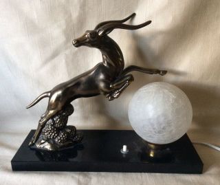 Antique Art Deco Leaping Deer Globe Lamp On Marble Base