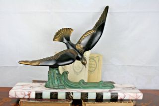 French Xl Art Deco 1930 Spelter Bronze Bird On Marble Base Statue