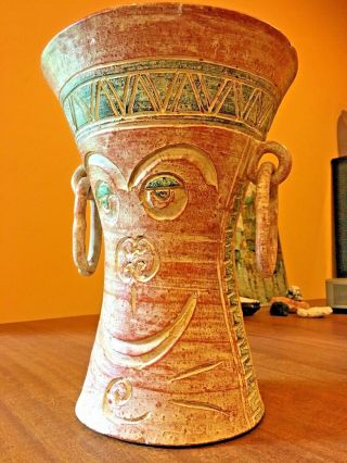 Lg Hand Thrown Red Clay Vessel Vase 2 Faces Loose Rings Pre - Columbian Era ???