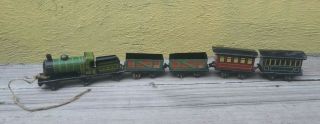 Early 20th C Antique German Tin Litho Penny Toy Train Set With Passenger Wagons