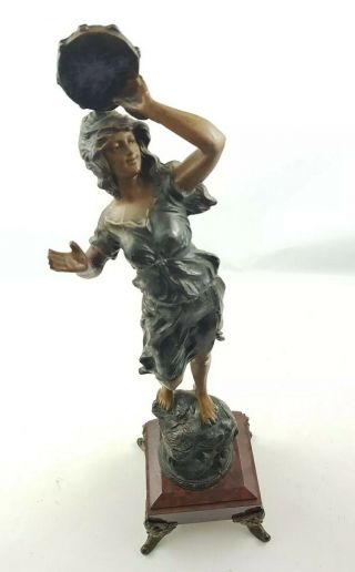 Classical Bronzed Spelter Figurine Of A Woman With Tambourine Garniture Antique