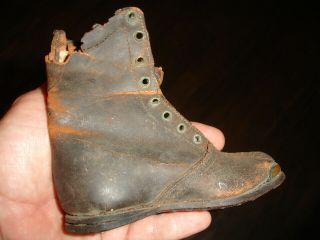 Old Antique Civil War Era Sz 4 Child Doll Leather Boot Shoe Brass Toe Plate Tip