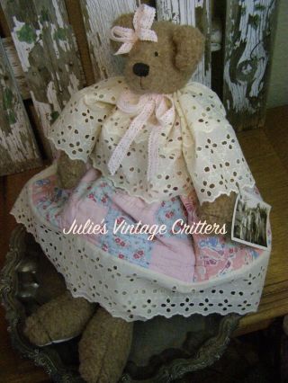 Primitive Teddy Bear Doll,  Antique Quilt,  Old Lace,  Old Photo,  Folk Art Teddy Bear
