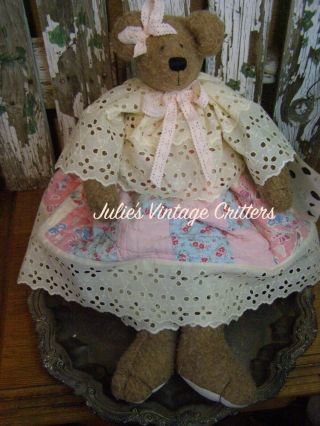 PRIMITIVE TEDDY BEAR DOLL,  ANTIQUE QUILT,  OLD LACE,  OLD PHOTO,  FOLK ART TEDDY BEAR 5