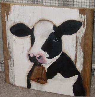 Primitive Hp Folk Art Prim Black & White Cow Old Reclaimed Wood